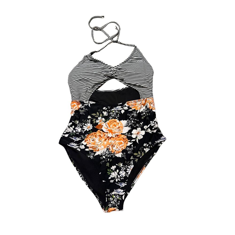 Cupshe Stripe and Floral Monokini One Piece Cut Out Size Medium